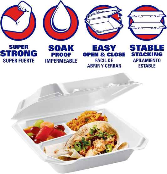 maker explorador Supreme Foam Hinged Lid Containers — 3-Compartment Disposable Foam Takeout Boxes, 60 -Pack, Leak-Resistant & Soak-Proof, Ideal for Meals, Takeout, Catering & Leftovers