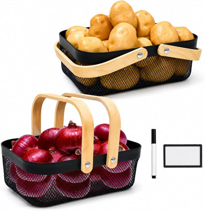 2 Set Potato and Onion Storage Bin, Fruit Basket for Kitchen Counter, Metal Wire Basket with Wooden Handle, Pantry Organizers and Storage Containers for Produce Vegetable Garlic, Black