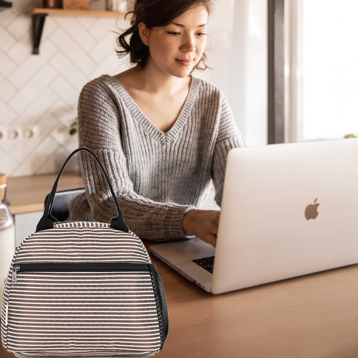 GYEUKHAM Lunch Bag Women, Lunch Box for Adult Men Kids Girls, Small Cute Lunchbox Tote Large Capacity Insulated Lunch Container Cooler for Work School Picnic Travel, Black White Stripes