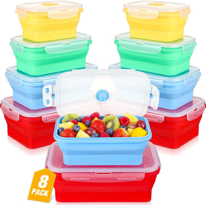 Mifoci Set of 8 Silicone Collapsible Bowls for Camping with Vent Lid Silicone Storage Containers for Food Meal Preparation Square Bowl Microwave Freezer Dishwasher Safe(Blue,17 Oz/ 500 ml)