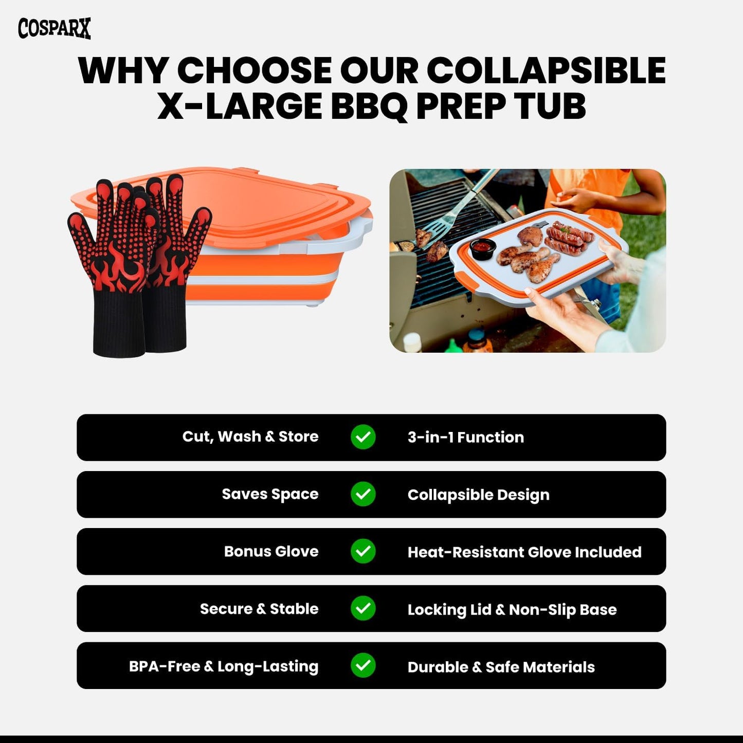 XL Collapsible BBQ Prep Tub with Cutting Board & Drain Plug – Portable Food Prep Station for Kitchen, Camping & Grill – Dishwasher Safe, Space-Saving Design – Heat-Resistant Glove Included (Black)