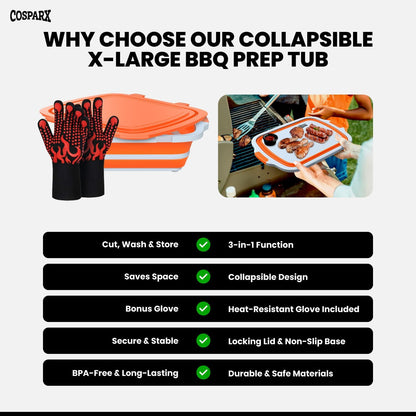 XL Collapsible BBQ Prep Tub with Cutting Board & Drain Plug – Portable Food Prep Station for Kitchen, Camping & Grill – Dishwasher Safe, Space-Saving Design – Heat-Resistant Glove Included (Black)