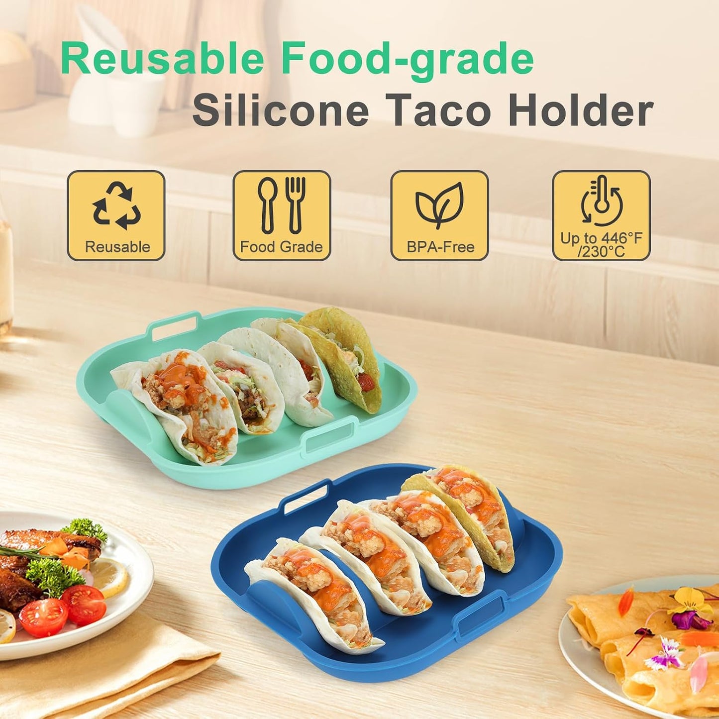 Silicone Taco Holder Set of 2,10.2in Reusable Taco Plates with Dividers,Fiesta Tacos Holder Tray.Taco Tuesday Kit,Dishwasher & Microwave Safe (2, BLUE+GREEN)