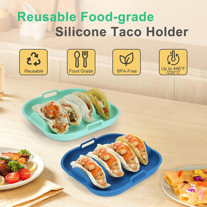 Silicone Taco Holder Set of 2,10.2in Reusable Taco Plates with Dividers,Fiesta Tacos Holder Tray.Taco Tuesday Kit,Dishwasher & Microwave Safe (2, BLUE+GREEN)