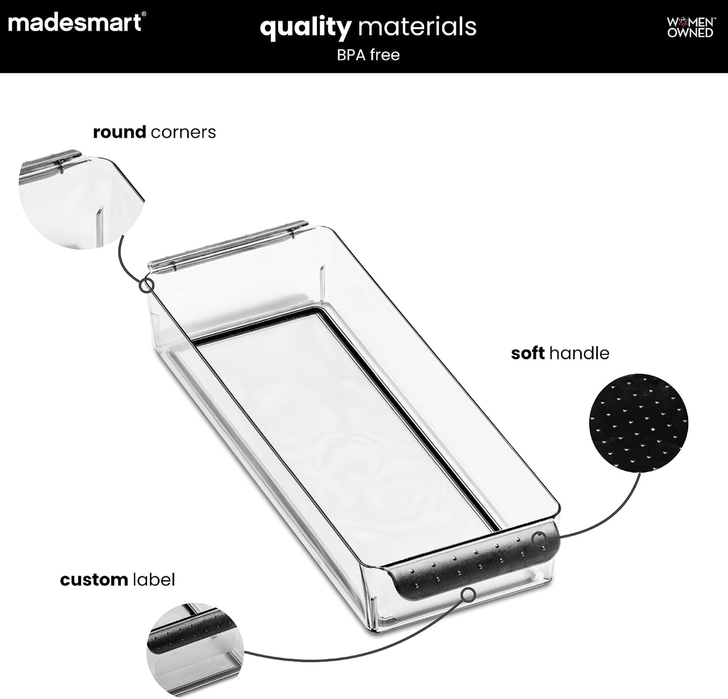 madesmart Fridge Portable Tote, Condiment Caddy with 2 Compartments, Pop-Up Handle & Non-Slip Base, Refrigerator Organizer for Sauces, Jars & Small Items, Clear