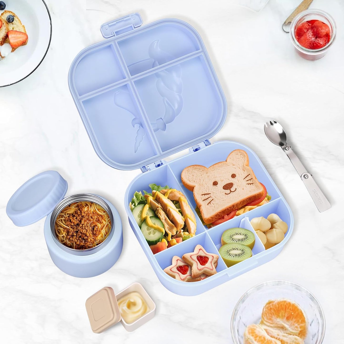 Aimsnk Magical Dinosaur Kids Lunch Box Set -12oz Insulated Food Jar, Leakproof Lunch Food Containers Cutlery, Leak-Proof Sauce Cup & Spoon, Gradient Green+Jar Green