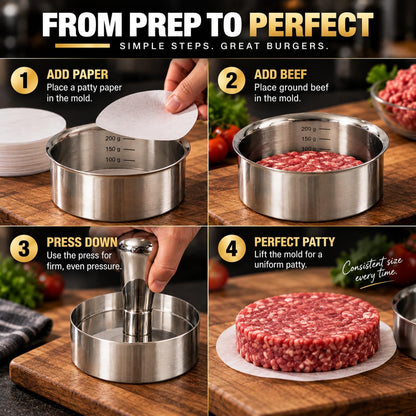 Stainless Steel Burger Press with Patty Ring – Multi-Purpose Meat & Veggie Patty Maker, Smash Burger Press, Food-Grade Stainless Steel, Dishwasher Safe, Gift Box Packaging