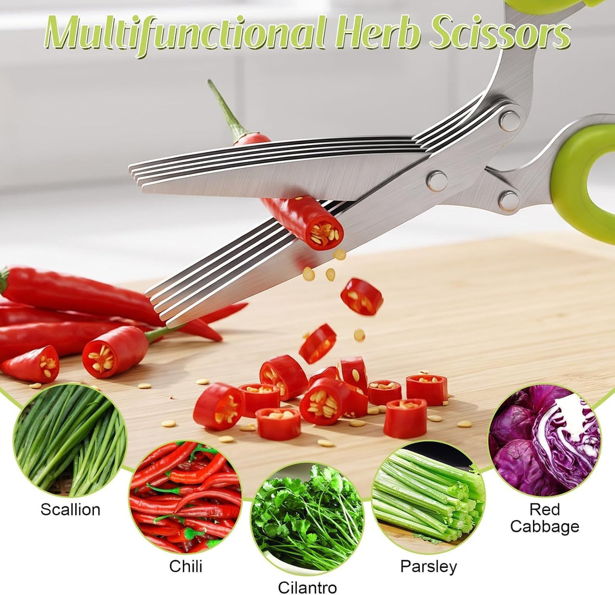5-Blade Stainless Steel Herb Shears Herb Cutter with Cover - Fast Kitchen Chopper For Fresh Herbs Seasonings，Green+Blue