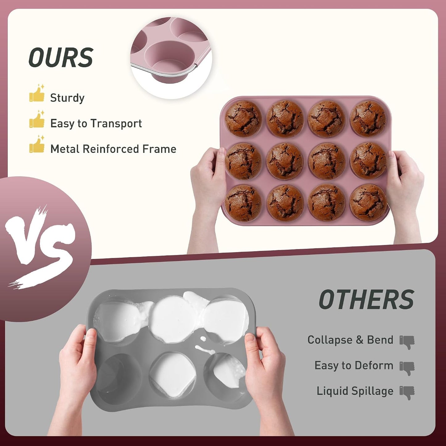 2 Pack 12 Cups Silicone Muffin Pan with Metal Reinforced Frame Regular Size Silicone Molds Cupcake Cake Baking Pans Cookie Baking Chocoflan Cupcake Mold Nonstick Muffin Tin Home Baking Supplies