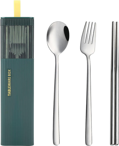 DEVICO Travel Utensils with Case, 18/8 Stainless Steel Reusable Silverware Set for Lunch Box, Portable Cutlery Set, Fork and Spoon Set for Camping, Lunch, Picnic, Workplace, School (Green)