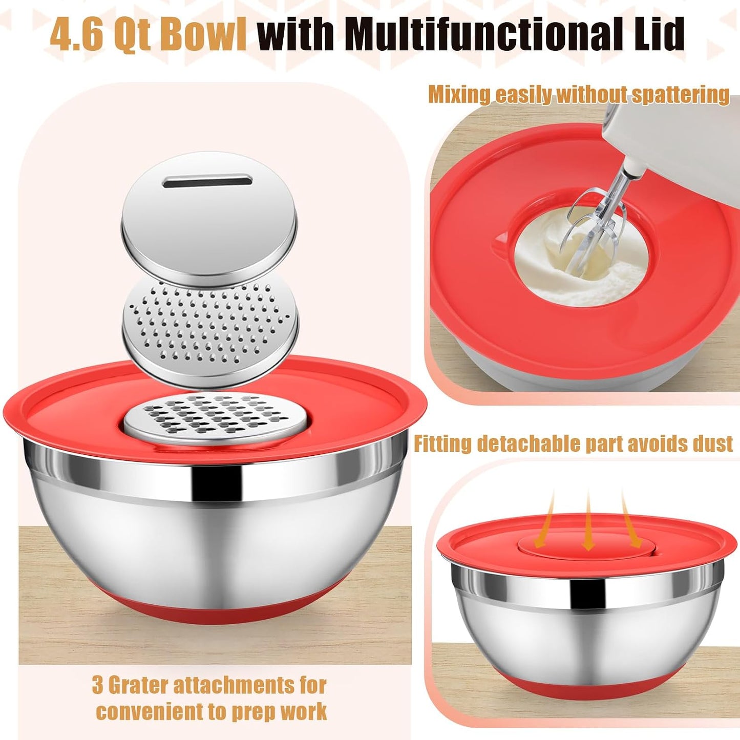 P&P CHEF Mixing Bowl with Lid Set, 5 Piece Stainless Steel Mixing Nesting Bowls for Salad Storage, 3 Grater Attachments & Non-Slip Bottoms, Size 1/1.5/2 / 2.6/4.6 QT, Black