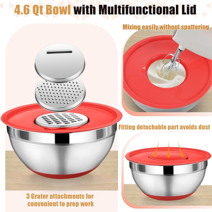 P&P CHEF Mixing Bowl with Lid Set, 5 Piece Stainless Steel Mixing Nesting Bowls for Salad Storage, 3 Grater Attachments & Non-Slip Bottoms, Size 1/1.5/2 / 2.6/4.6 QT, Black