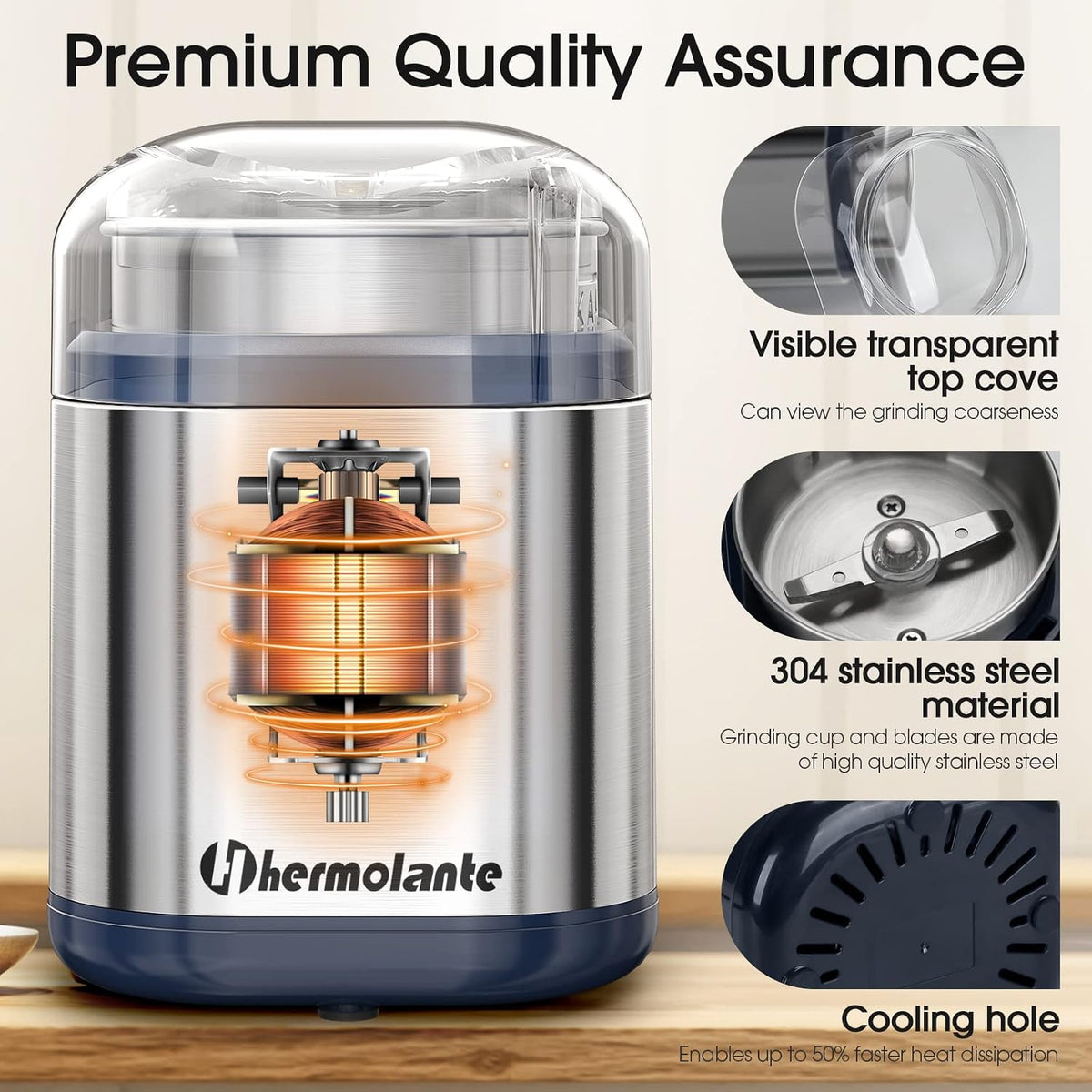 Hermolante Herb Grinder Spice Grinder, 200 w Herb Grinder with Stainless Steel Blade and Cleaning Brush, Compact Size Electric Grinder for Herbs and Spices -5.11in (Black)