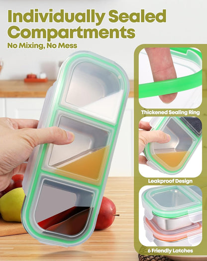 2Pack Stainless Steel Snack Containers for Kids Adults, Reusable 3 Compartment Snackle Box Container with Leakproof Lids Metal Bento Lunch Boxs Food Storage Containers for Travel Picnics Office School