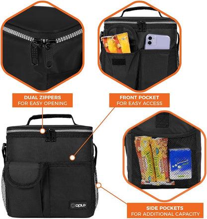 opux Insulated Lunch Bag for Men Women, Leakproof Black Lunch Box for Work, Portable Soft Lunch Cooler Bag with Shoulder Strap, Adult Lunchbox Lunch Pail for Kid Boy Girl School, 14 Can/8L