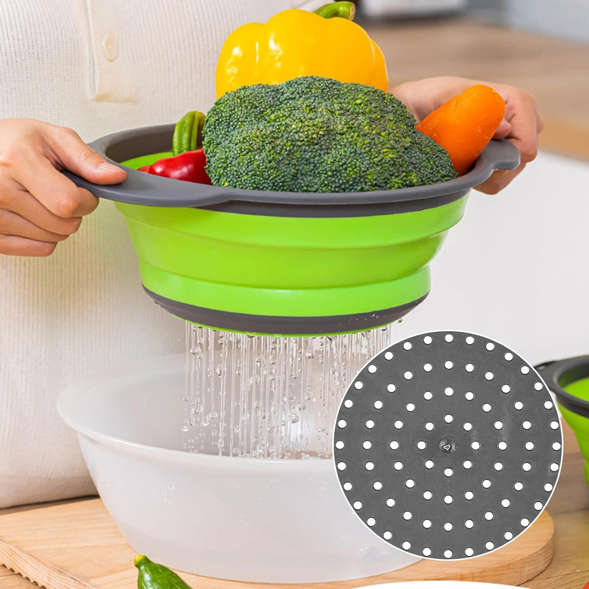 Collapsible Colander Set of 3 Square Silicone Kitchen Strainer Set 1 pcs 9.6 Quart, 1 pcs 6 Quart,1 pcs 4 Quart Perfect for Draining Pasta, Vegetable and fruit for Kitchen and Travel Use