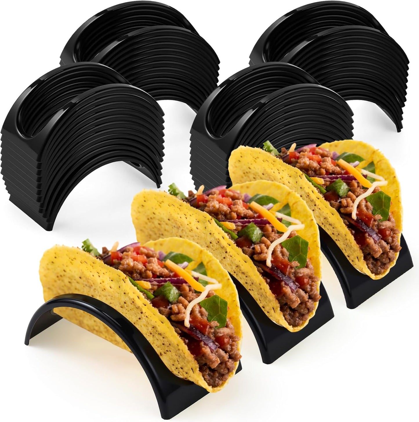 Baderke 24 Pcs Single Taco Holder Stand Black Plastic Tray Plates Mexico Taco Holder for Tuesday Night Carnival Backyard Party Supplies, Dishwasher Microwave Safe