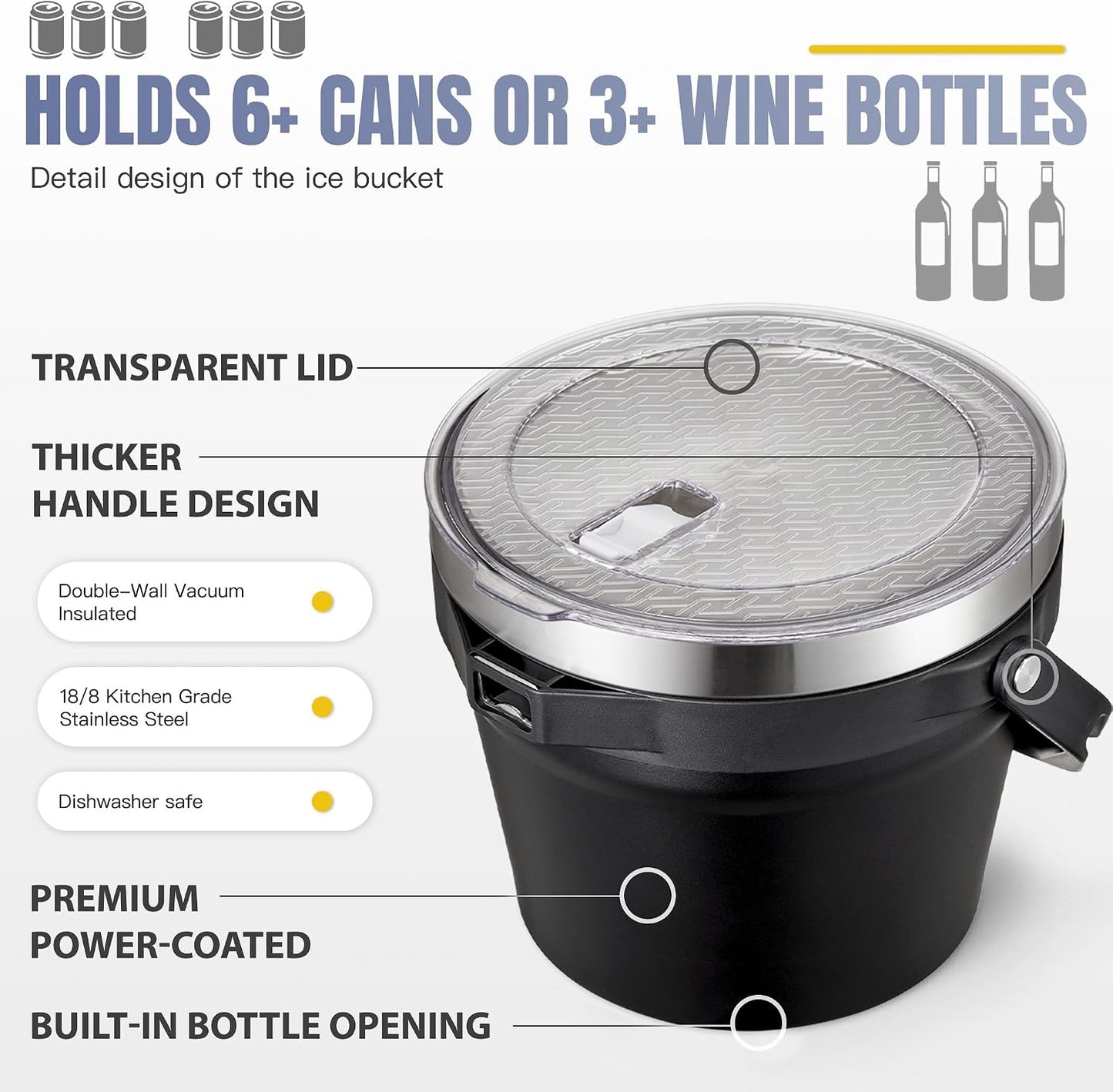 COKTIK 7L Vacuum Insulated Ice Bucket with Lid and Scoop& Tongs，Large capacity Stainless Steel Beverage Bucket for Cocktail, Champagne, Wine, Beer，Large Parties（Milk White Suit）