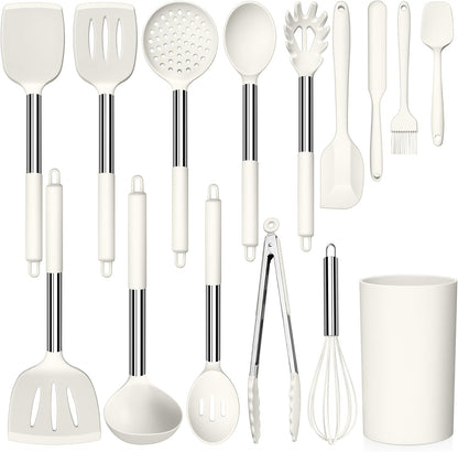 LIANYU 15 Pcs Kitchen Cooking Utensils Set with Holder, Silicone Kitchen Tools with Stainless Steel Handle, Heat Resistant Gadgets, Brush Spatula Spoon Whisk for Cookware, Dishwasher Safe, Khaki