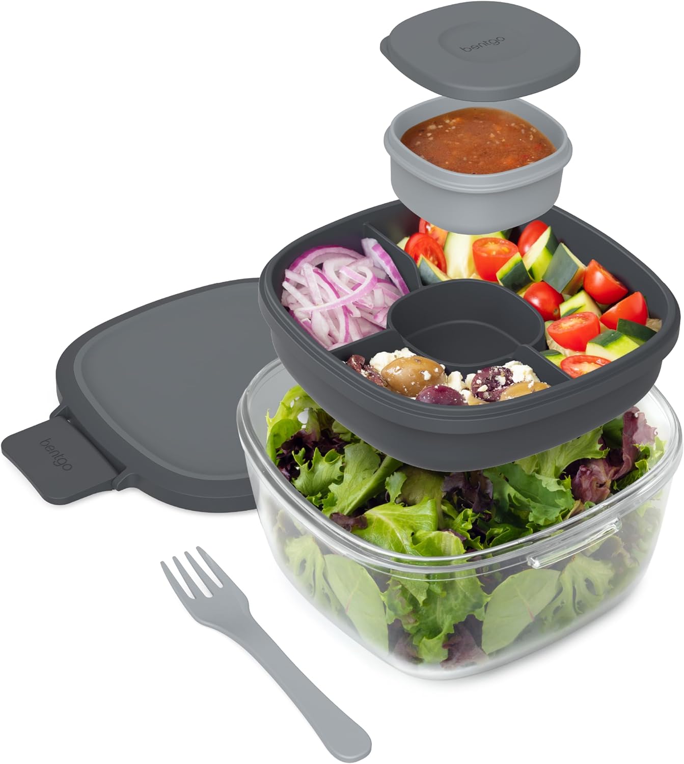 Bentgo Glass Salad Container - 7.6-Cup Salad Bowl with Airtight Lid, Leak-Proof Sauce Container, 4-Compartment Bento Tray & Reusable Fork - BPA-Free for Meal Prep, Office & More (Light Blue)