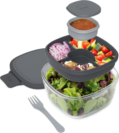 Bentgo Glass Salad Container - 7.6-Cup Salad Bowl with Airtight Lid, Leak-Proof Sauce Container, 4-Compartment Bento Tray & Reusable Fork - BPA-Free for Meal Prep, Office & More (Light Blue)