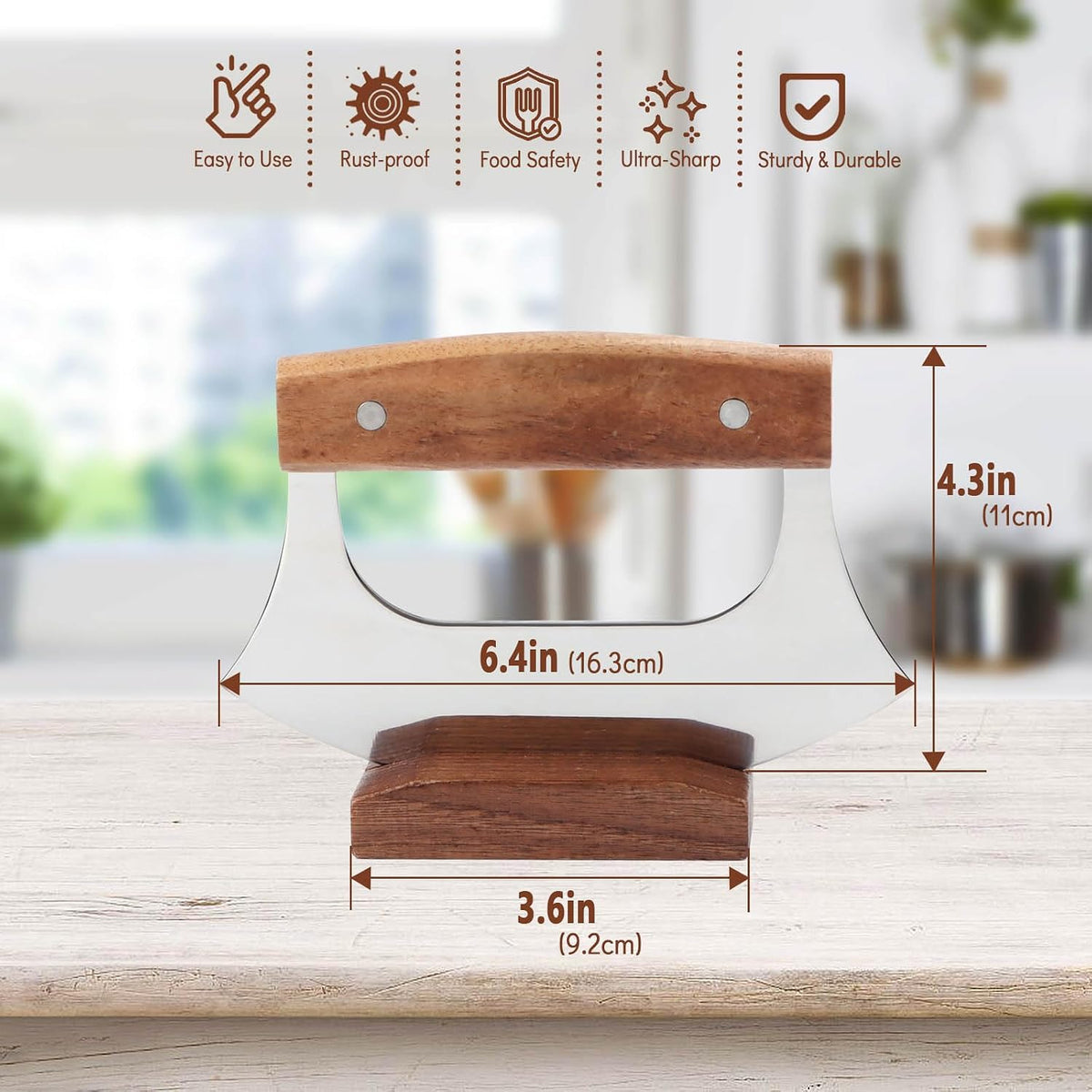 KAYCROWN Ulu Knife, Sharp Rocker Mezzaluna Knife with Wooden Stand, Alaskan Ulu for Pizza Cutter, Vegetable, Salad, Mezzaluna Chopper