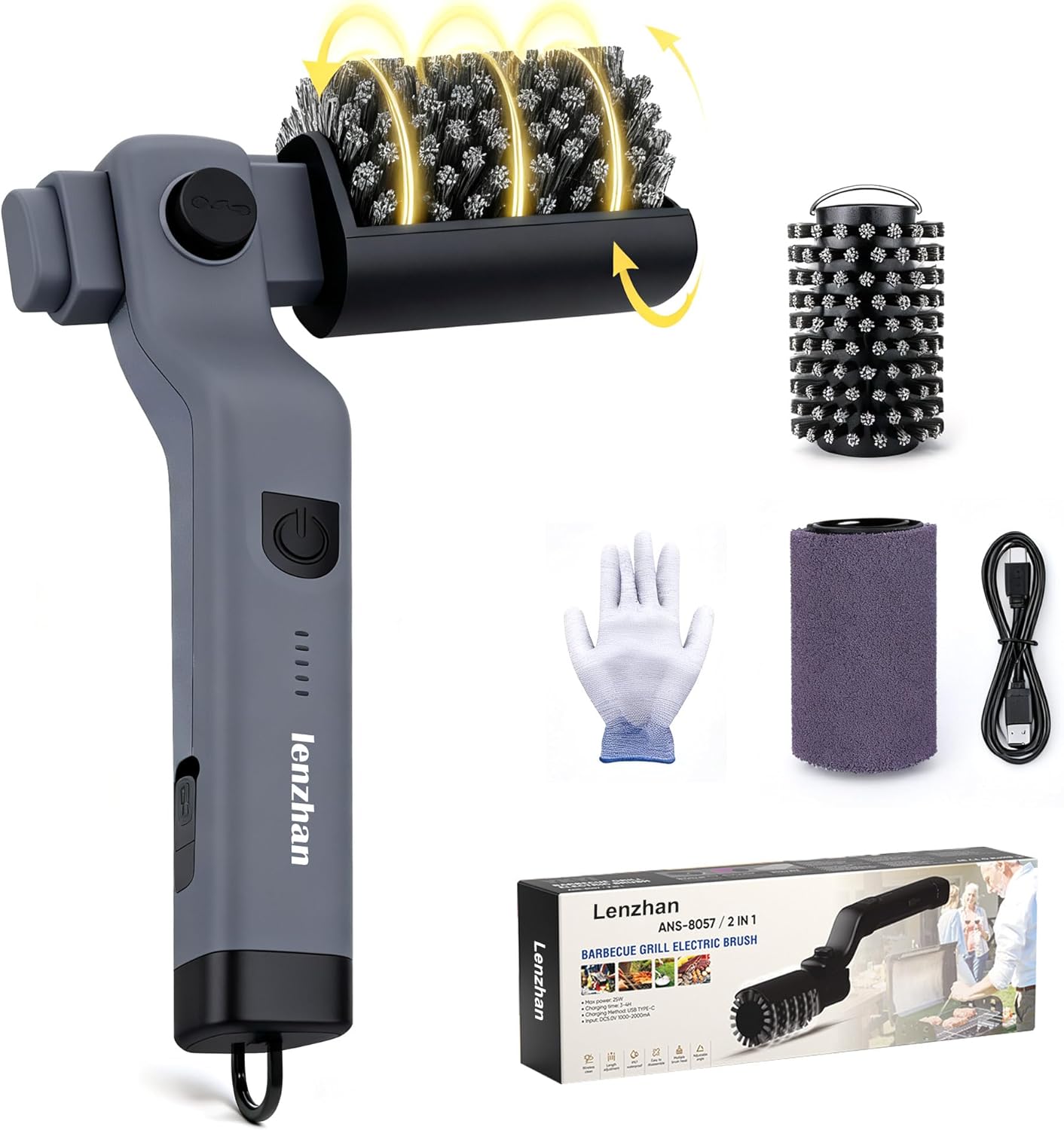Cordless Electric Grill Brush with Adjustable Angle, 3-Speed Power Motor & Stainless Steel Head - Rechargeable, 90-Min Runtime, Waterproof Grill Cleaner for BBQ Grates & Griddles (Black)