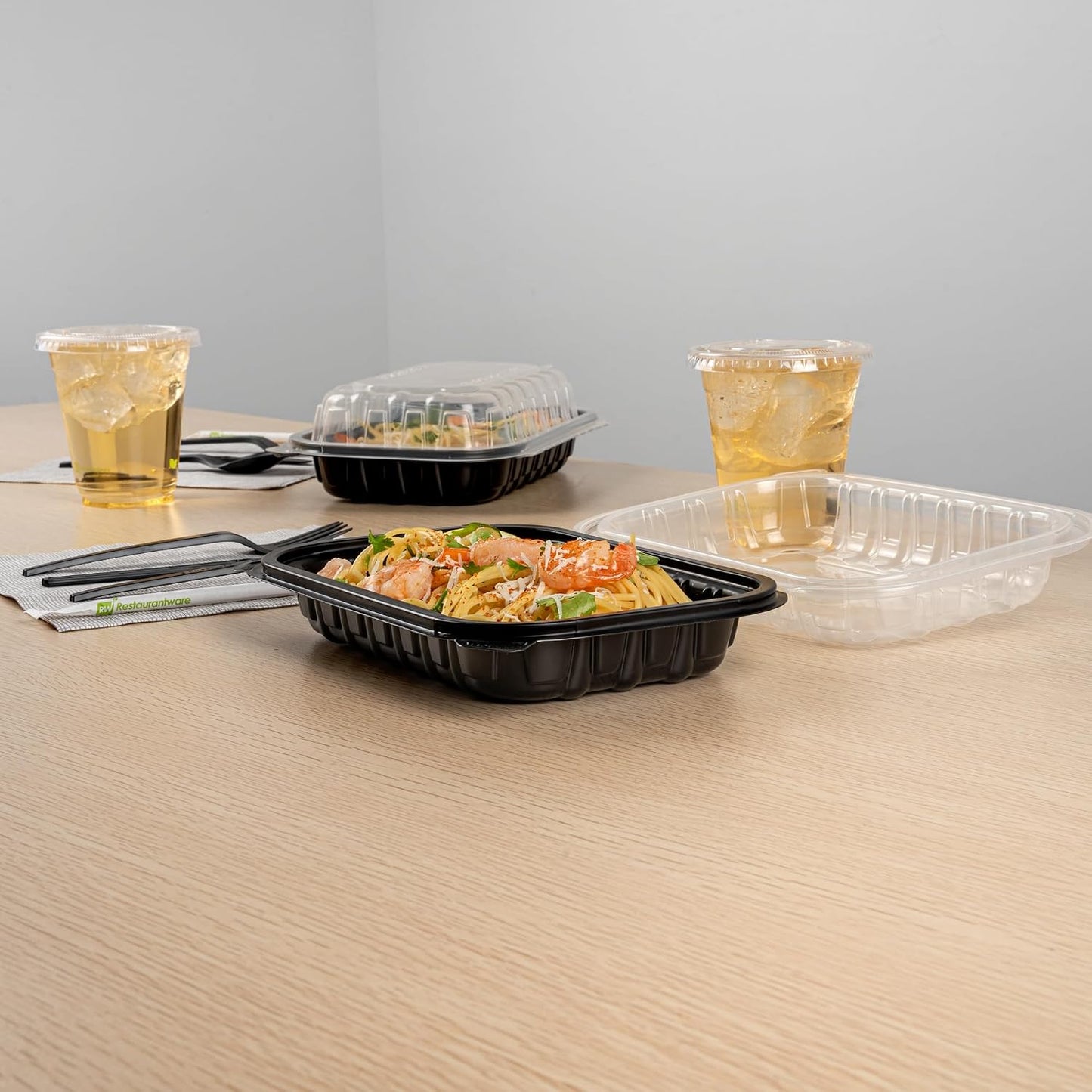 Thermo Tek 40 Ounce Clamshell Containers, 50 Disposable Take Out Boxes - 3 Compartments, Ventilated Lids, Black Plastic Meal Prep Containers, Microwavable, For Pasta Or Salads - Restaurantware