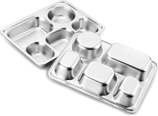 HaWare Toddler Stainless Steel Divided Plates Tray with 5-Compartment, Kids Adults Control Dinner Plates for Lunch Camping Dinner, Stackable Reusable Serving Platter, 2-Pack