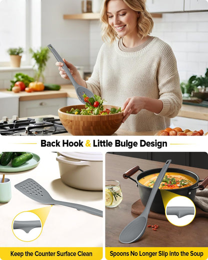 Pack of 4 Silicone Cooking Utensils Set, Non Stick Solid Spatulas and Heat Resistant Slotted Spoons with Back Hooks, Ideal BPA Free Kitchen Utensils Set for Frying,Serving,Turning,Stirring(KHAKI)