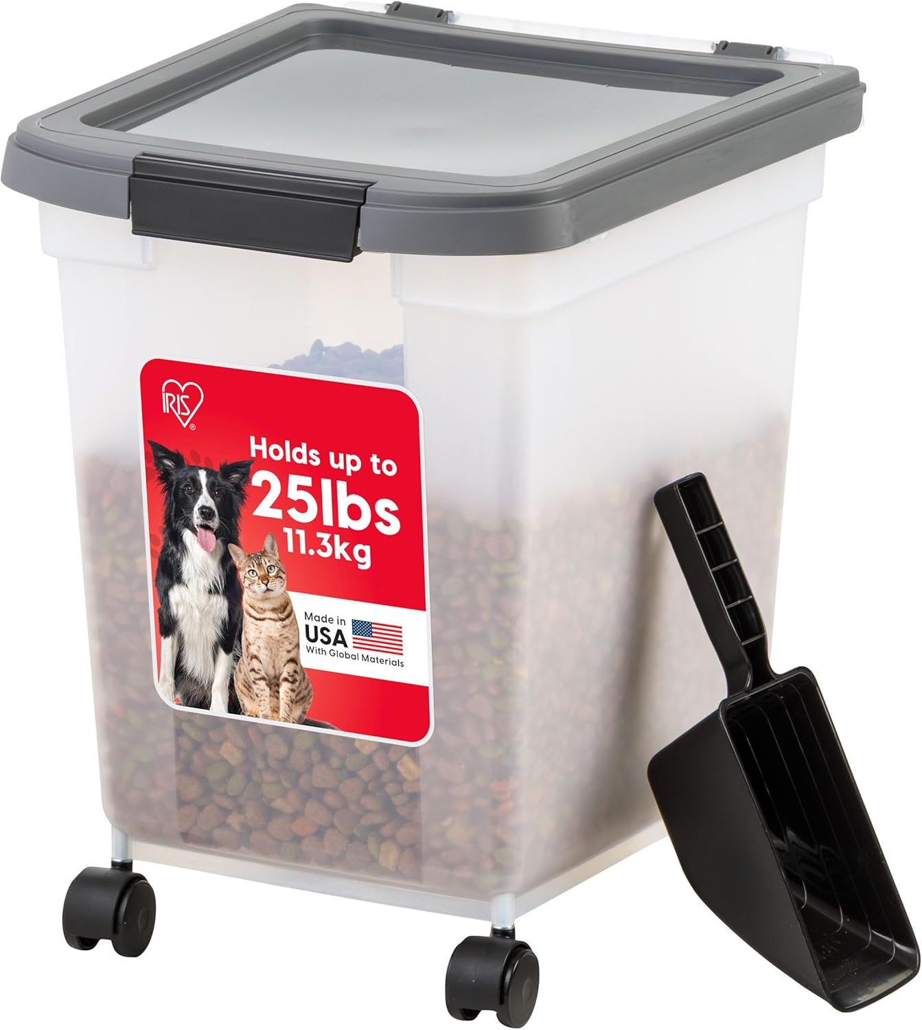 IRIS USA Airtight Dog Food Storage Container, WeatherPro, Up to 25 lbs, Removable Wheels, for Dog Cat Bird and Other Pet Food Storage Bin, Keep Fresh, Translucent Body, Made in USA, Clear/Black