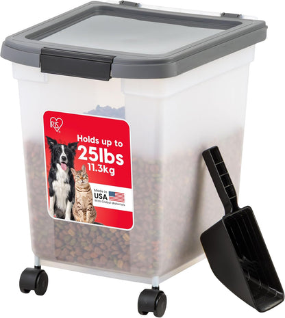 IRIS USA Airtight Dog Food Storage Container, WeatherPro, Up to 25 lbs, Removable Wheels, for Dog Cat Bird and Other Pet Food Storage Bin, Keep Fresh, Translucent Body, Made in USA, Clear/Black