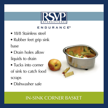 RSVP International Endurance® In-Sink Mesh Colander Strainer Basket, 3 Quart | Organize Sponges, Collect Food Scraps | Dishwasher Safe | Small Corner Basket | Steaming, Draining & Rinsing