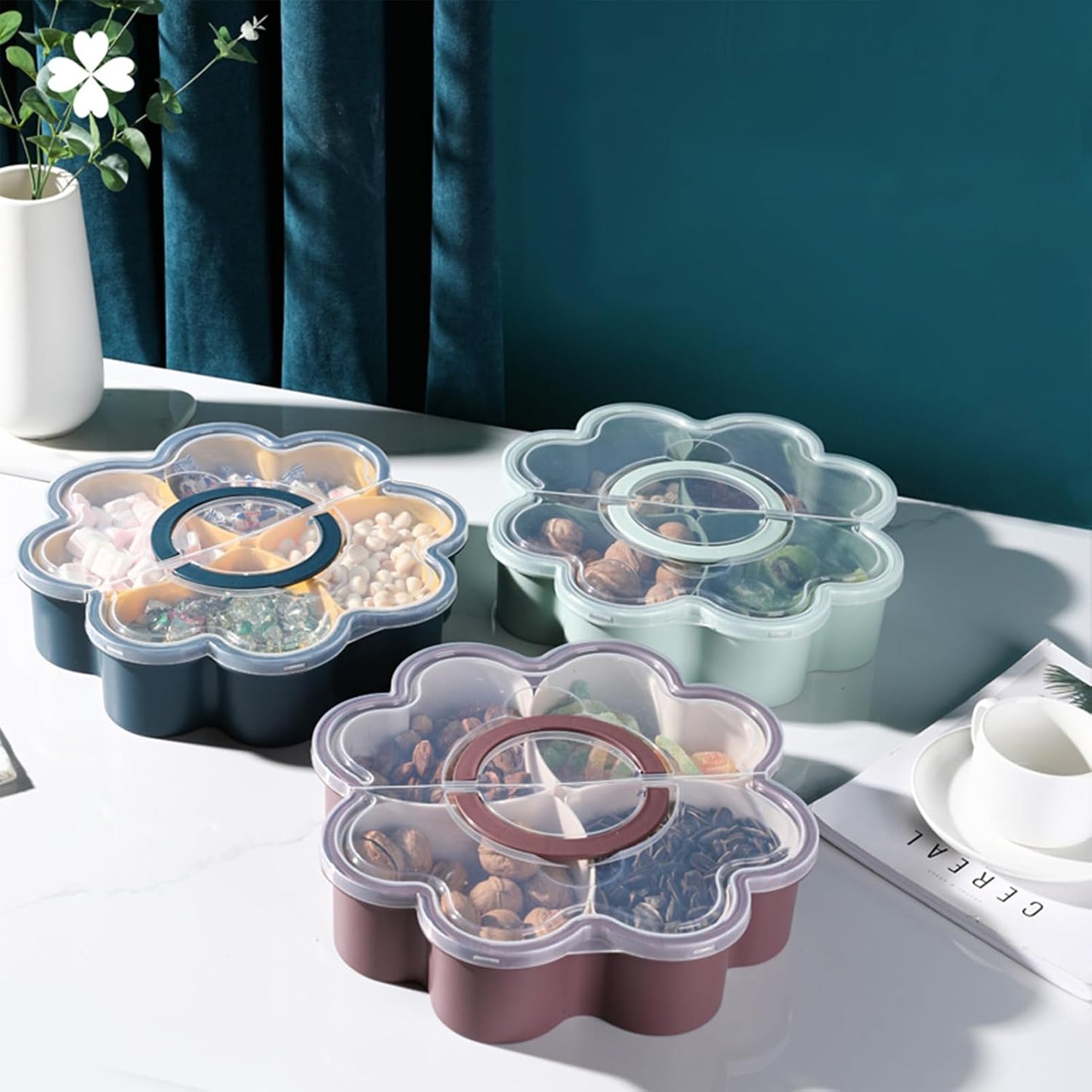 Snackle Box Container, Flower Shaped Dry Fruit Tray, Candy and Nut Serving Container, Rotating Snack Box Segmented Storage Organizer, Large Capacity Snack Box Container (C)