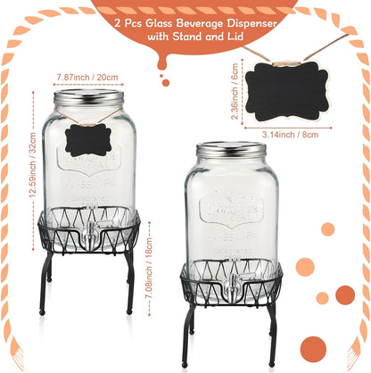 Sliner 2 Pack 2 Gallon Glass Drink Dispenser with Stand Glass Beverage Dispenser Water Juice Drink Containers for Parties with Stainless Steel Spigot Hanging Chalkboard(Stainless Steel)