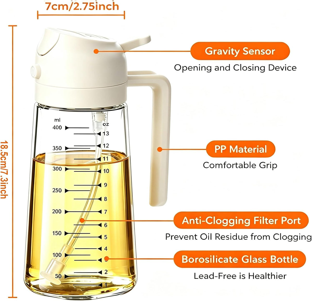 AT-VALY 2-in-1 Oil Sprayer for Cooking, 16oz Glass Oil Dispenser, Black