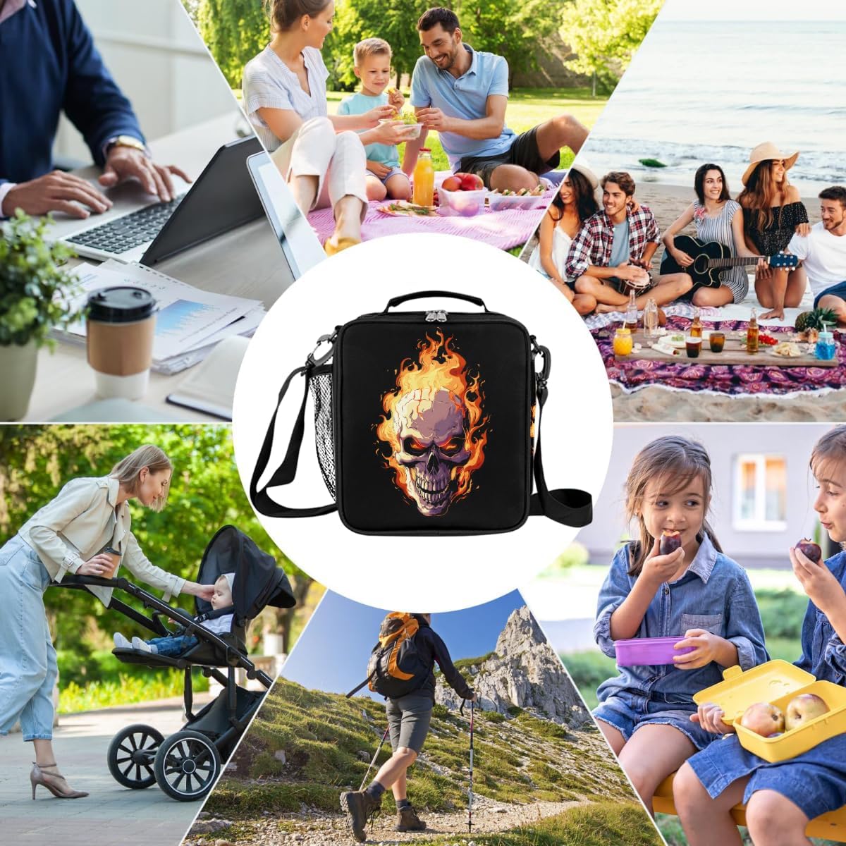 cfpolar Skull Skateboard Lunch Box for Boys Girls, Insulated Lunch Bags for Kids Reusable Mini Cooler Lunch Tote Lunchbox Thermal Meal Tote Kit with Shoulder Strap for Work School Picnic