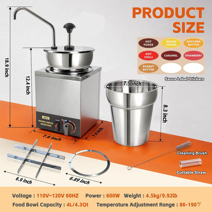 VONCI Nacho Cheese Dispenser, 2.8 Qt（2.5L） Nacho Cheese Warmer with Plastic Pump, Hot Fudge Dispenser with 6-Level Temperature Adjustment, Commercial Cheese Dispenser for Hot Fudge Cheese Caramel
