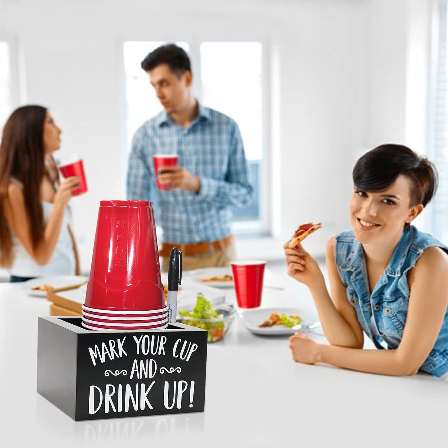Wooden Party Cup Dispenser With Caddy & Cup Holder for Modern Farmhouse Home Decor - Holiday & Christmas Party Supplies