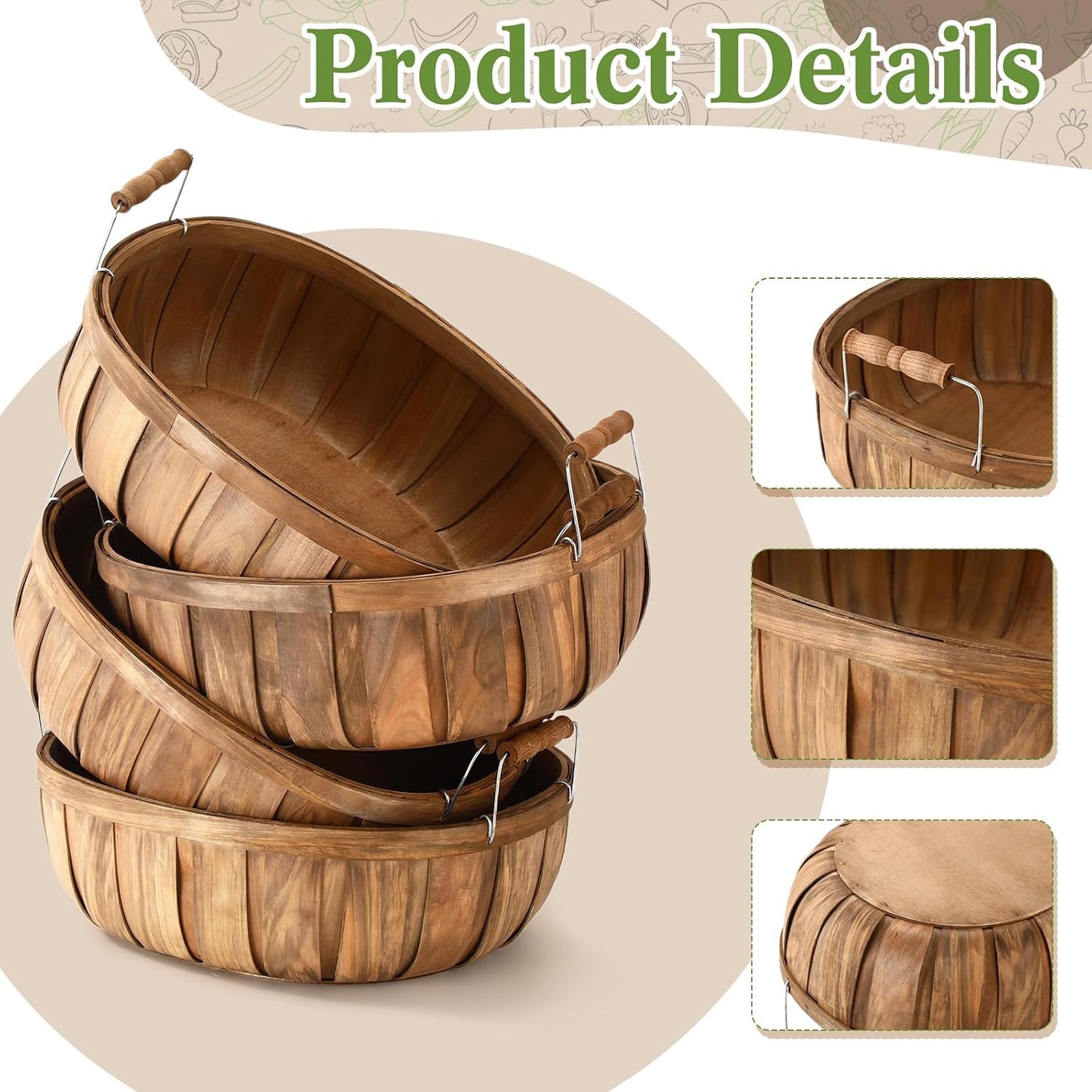 Lounsweer 4 Pcs Extra Large Wooden Bread Serving Baskets 14.6 inch Round Wooden Apple Basket with Handles Natural Wood Fruit Baskets for Kitchen Farm Party Home Gift, Brown