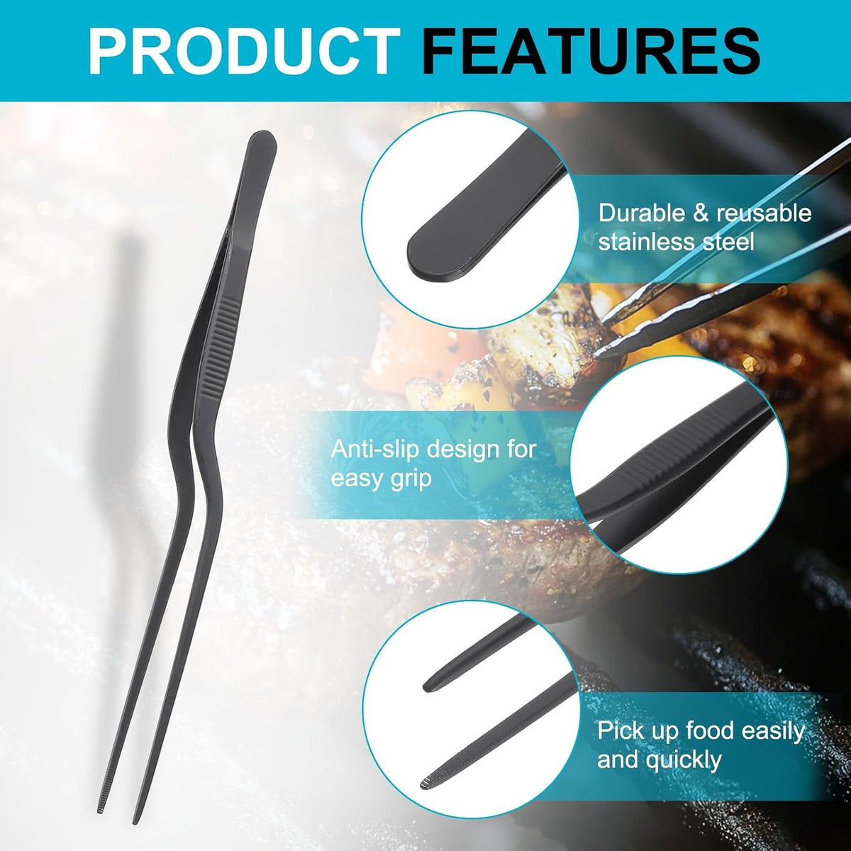 uxcell Kitchen Tweezers Stainless Steel, 10 Inch Food Tongs Fine Cooking Tweezers Set Extra-Long Tweezer Tongs for Cooking Grill Baking BBQ, Black Clip