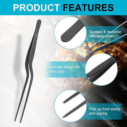 uxcell Kitchen Tweezers Stainless Steel, 10 Inch Food Tongs Fine Cooking Tweezers Set Extra-Long Tweezer Tongs for Cooking Grill Baking BBQ, Black Clip
