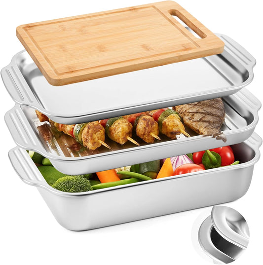 4 Pcs Grill Prep Set – Stainless Steel BBQ Prep & Serve Tray, Marinade Containers with Lids and Cutting Board for Outdoor Grilling, BBQ, Marinating (Deep Tray)