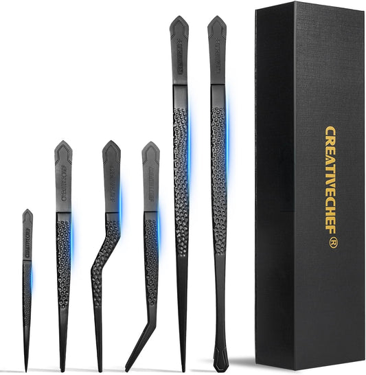 CREATIVECHEF 6Pcs Titanium Cooking Tongs Set - Professional food tongs for Plating, Lightweight Professional Chef Tweezers for cooking (black)
