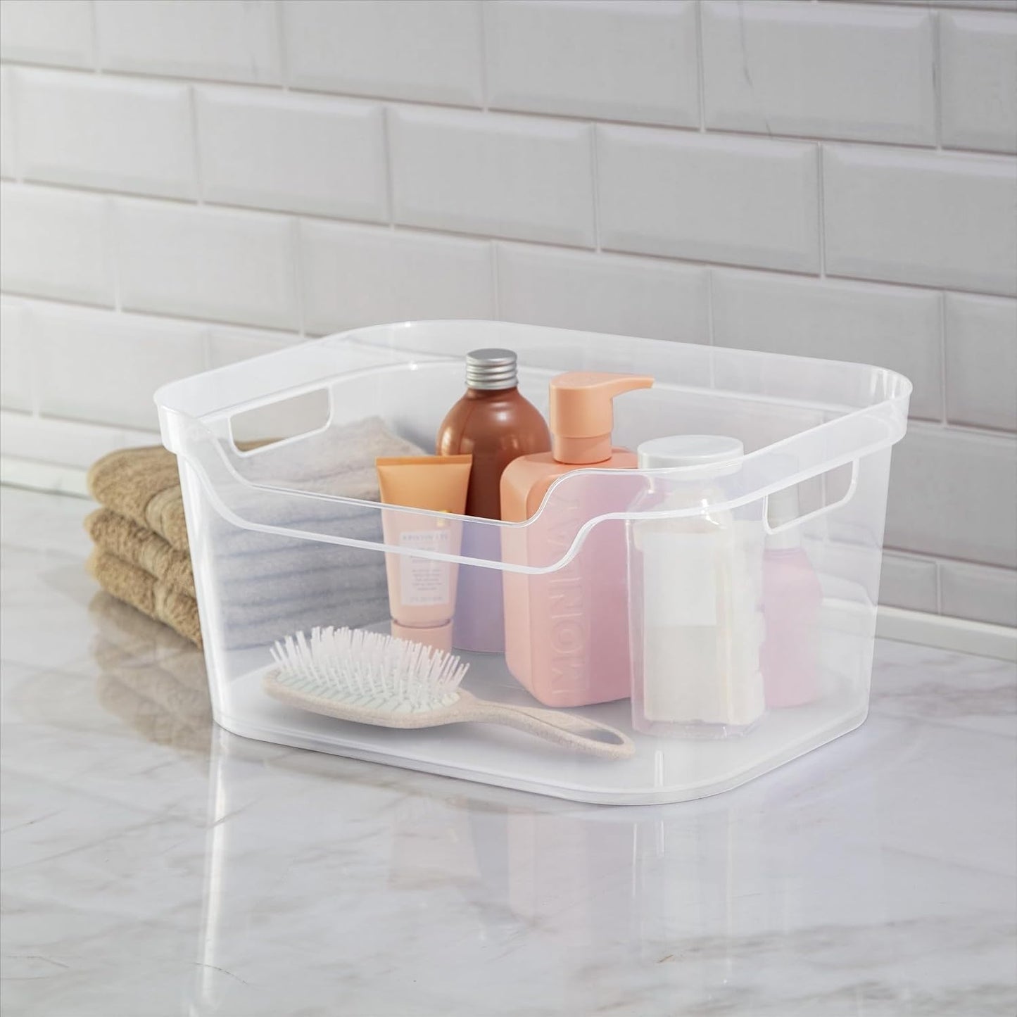 （2 Pack） Clear Plastic Storage Bin, Large Open Organizer Bin with Handles, 14.25" L Easy Access Pantry & Closet Organizer, See-Through Container for Home Office