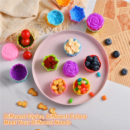 Reusable Silicone Baking Cups, 2 Inch Mini Size Silicone Cupcake Liners for baking, Multi Flower Shapes Muffin Liners, Pack of 36