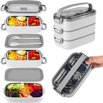 Stainless Steel Bento Box for Adults&Kids,Japanese Leakproof Lunch Box Divided Food Meal Storage Containers Set Stackable 2 Layer for Children School Picnic Beige