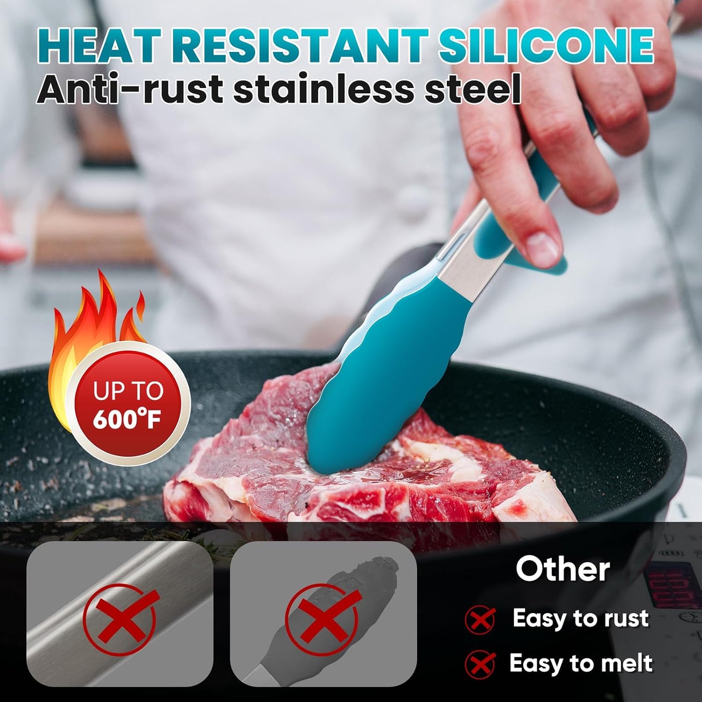 3 Pack Silicone Tongs for Cooking,Maywe Tanso 9 Inch Cooking Kitchen Tongs with Silicone Tips,Nonstick Stainless Steel Tongs for Steak Pie Pizza Pasta Spaghetti Salad BBQ Buffet