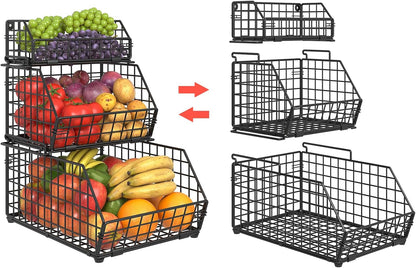 3-Tier Fruit Basket for Kitchen Counter, Stackable Wire Baskets Wall, Potato and Onion Storage Bins, Pantry Organizers, Pantry Storge and Storage for Potato, Onion, Produce, Fruit, Vegetable, Snack