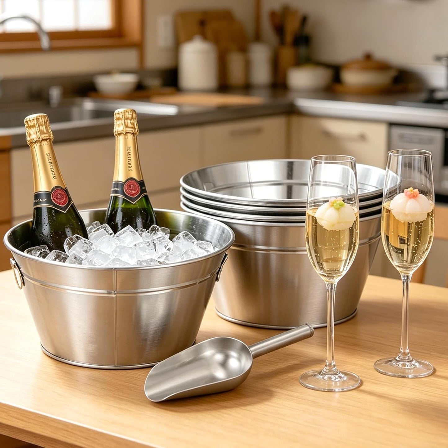 5 Pcs Large Metal Bucket Beer Bucket with Ice Shovels and Tongs Galvanized Steel Pail for Summer Pool Wedding Table Centerpiece Party Supplies (7.4 x 7.4 x 5.9 Inch,Silver)